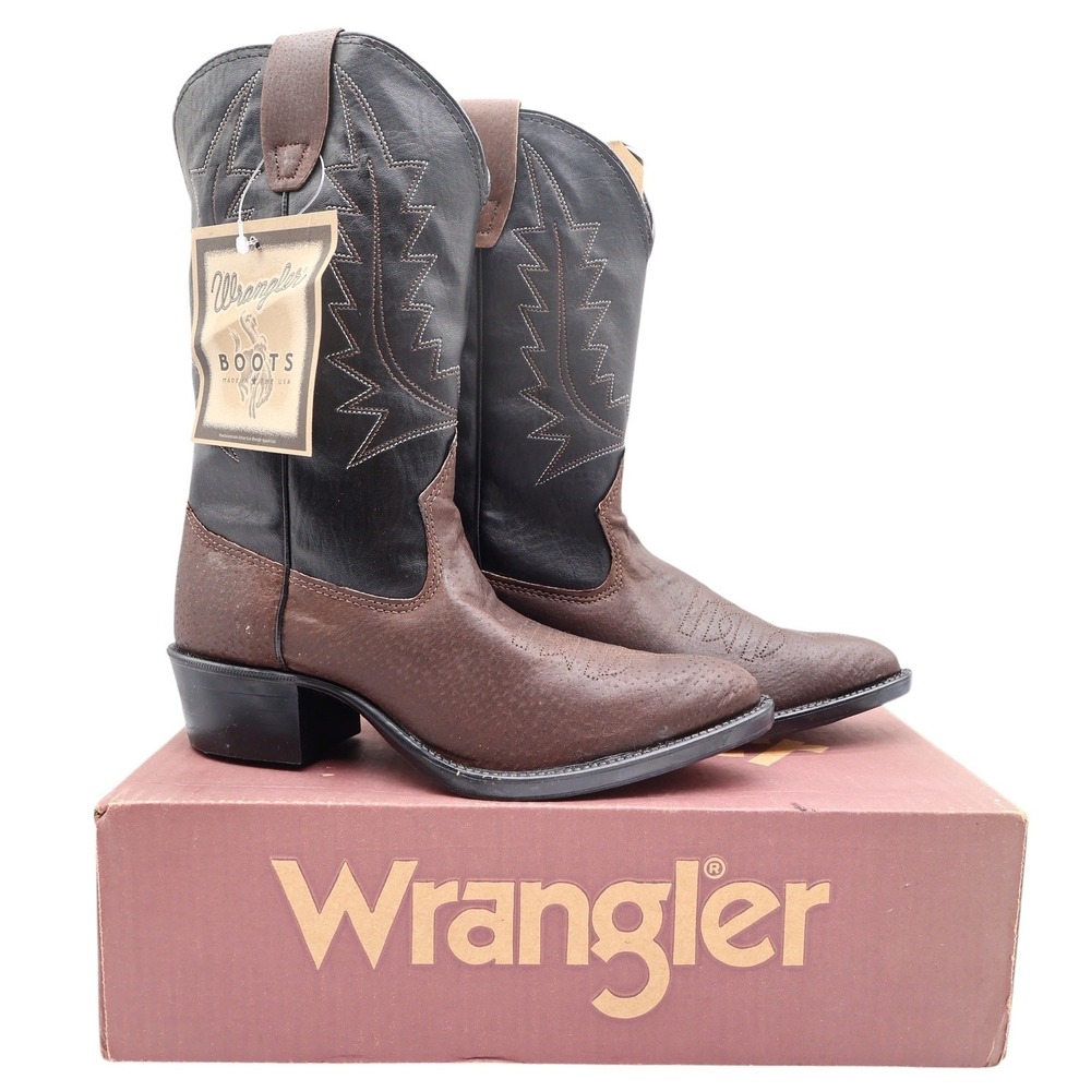 Wrangler Vintage Western Boots Youth 4.5 D Old Brown Leather Black NWT USA Made